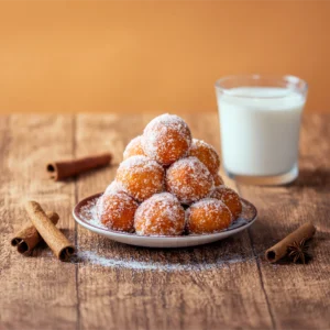 Fluffy Greek donuts on a white plate with cinnamon sticks and milk, professional hero food photography